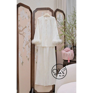 Set Pháp Phục Lụa Gấm Tay Lông Cúc Ngọc Mix Quần Suông Chuẩn She’s