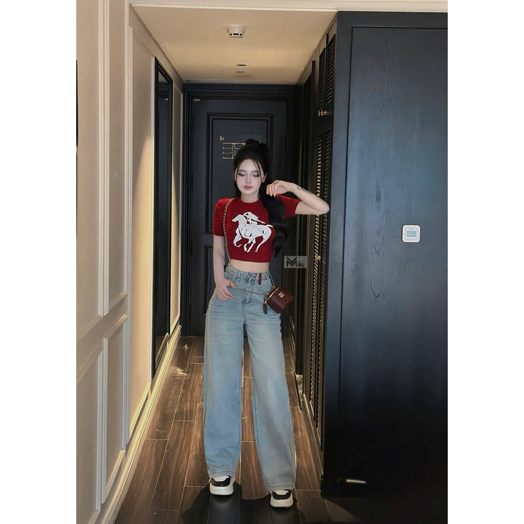Áo cộc tay dáng croptop in hình ngựa có đệm vai siu đẹp