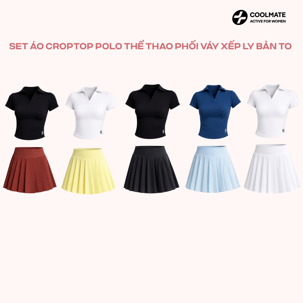 Set Đồ Thể thao Coolmate nữ tập Pickleball cầu lông tennis Áo croptop polo & Chân váy xếp ly bản to