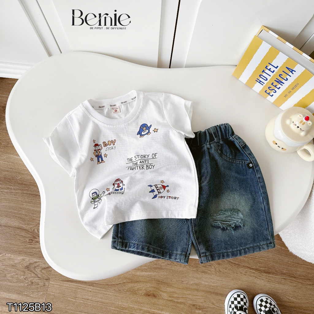 (Hãng Bernie)Bộ quần áo cộc tay BOY STORY vui nhộn họa tiết phi hành gia,áo cotton co giãn phối quần jean rách mềm mại