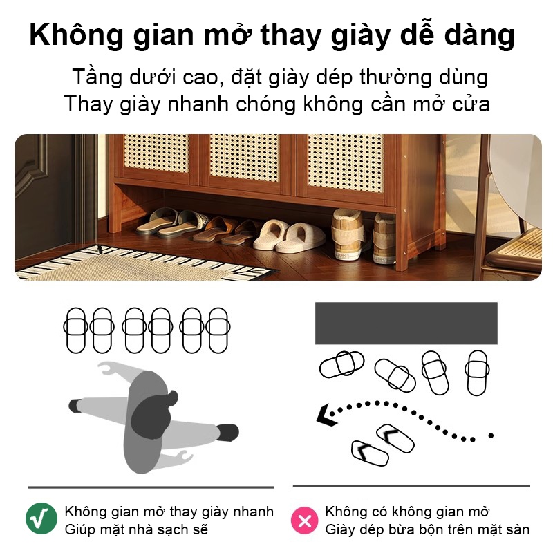Tủ Giày Bằng Mây Tự Nhiên 4 Cánh Cửa Kết Hợp Ngăn Để Hở Thông Minh Tiết Kiệm Diện Tích
