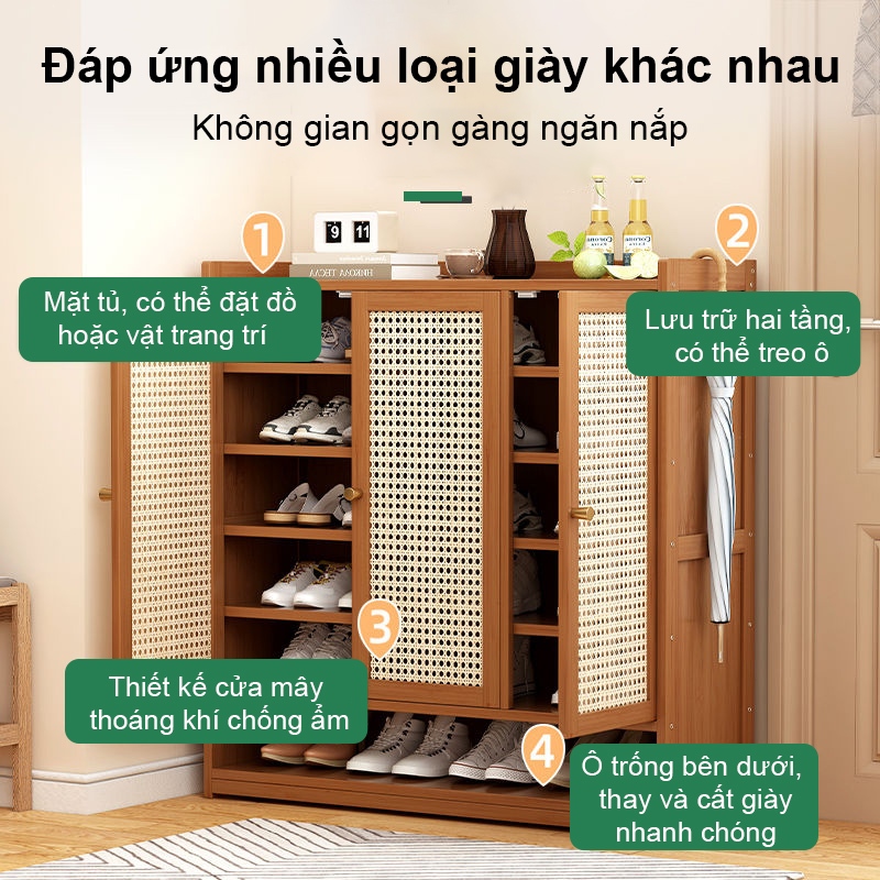 Tủ Giày Bằng Mây Tự Nhiên 4 Cánh Cửa Kết Hợp Ngăn Để Hở Thông Minh Tiết Kiệm Diện Tích