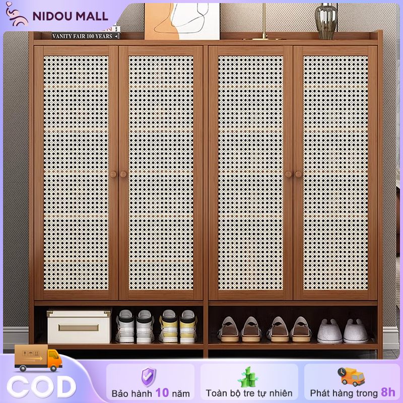 Tủ Giày Bằng Mây Tự Nhiên 4 Cánh Cửa Kết Hợp Ngăn Để Hở Thông Minh Tiết Kiệm Diện Tích