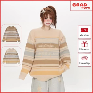 Áo len GRADPOPU dệt kim cổ tròn kẻ sọc trẻ trung năng động rộng rãi và thoải mái dành cho nữ PAL247