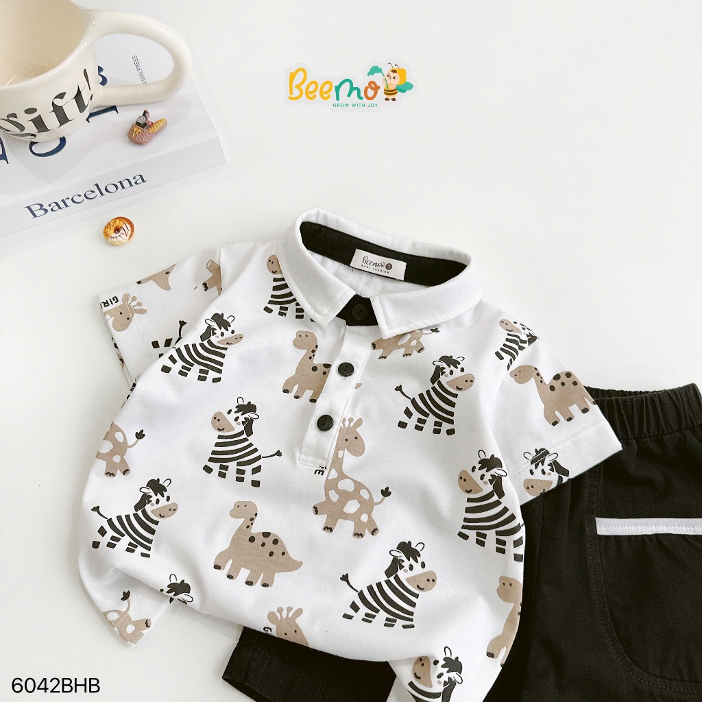 Bộ polo cộc tay in tràn hoạ tiết ngựa vằn bé trai, bộ polo thun cộc tay cho bé