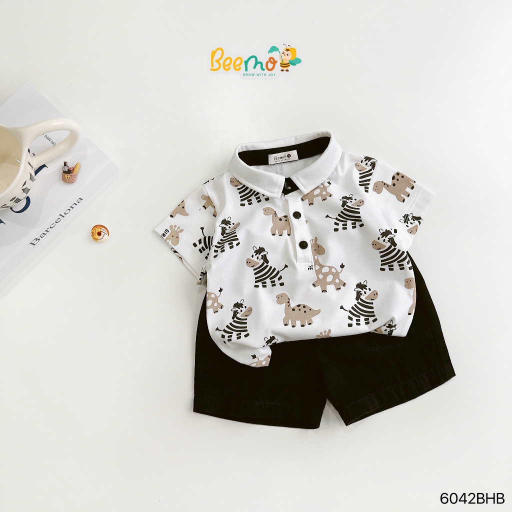 Bộ polo cộc tay in tràn hoạ tiết ngựa vằn bé trai, bộ polo thun cộc tay cho bé
