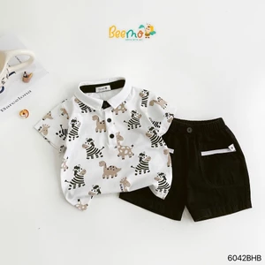 Bộ polo cộc tay in tràn hoạ tiết ngựa vằn bé trai, bộ polo thun cộc tay cho bé