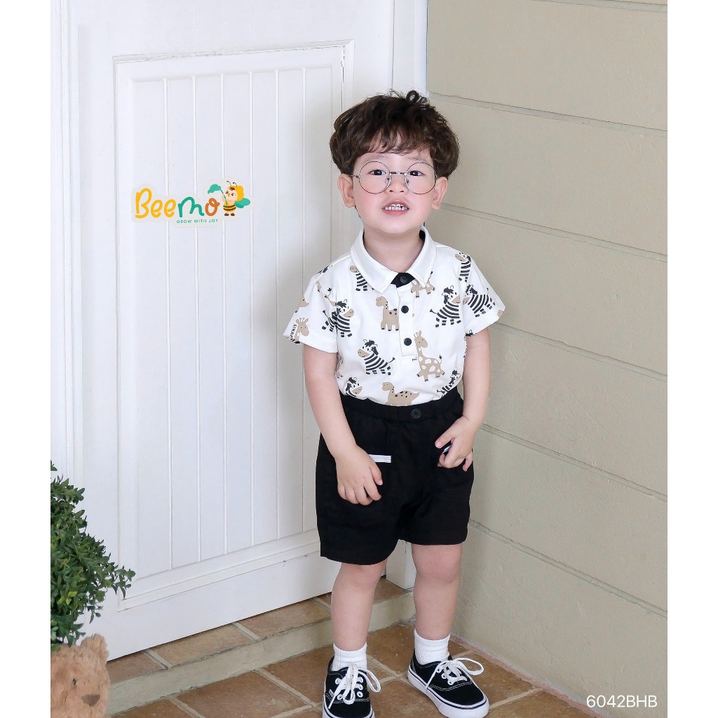 Bộ polo cộc tay in tràn hoạ tiết ngựa vằn bé trai, bộ polo thun cộc tay cho bé