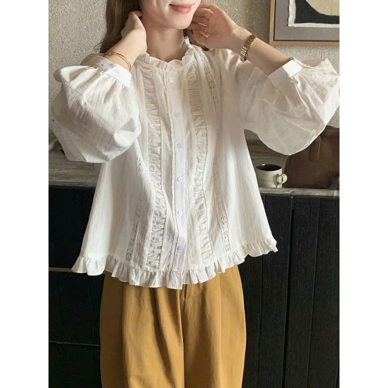Áo smi cổ bèo dài tay tiểu thư xinh hàng QC 4768