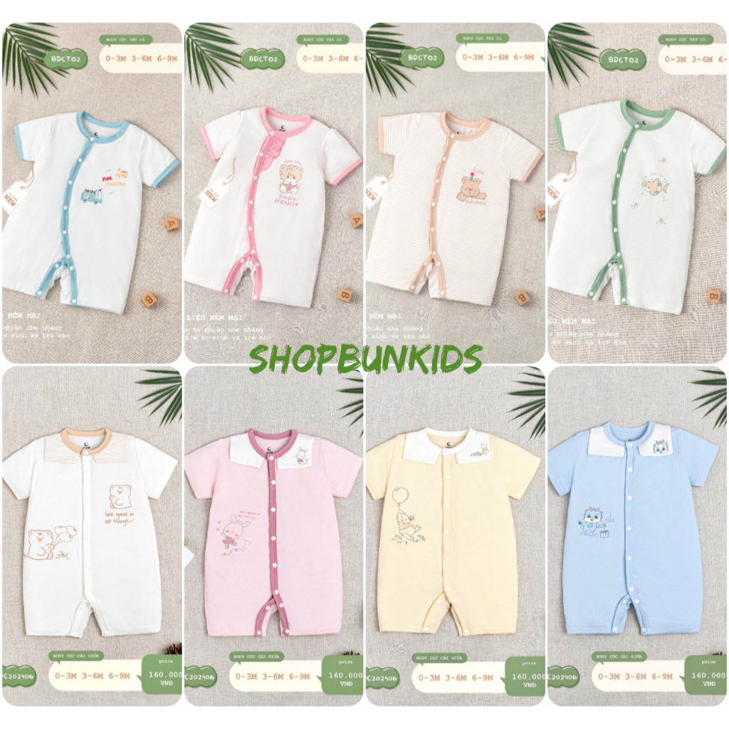 Body cộc Bộ liền thân  MOON cộc tay vải sợi tre hè mát mềm bodysuit sơ sinh bé trai bé gái