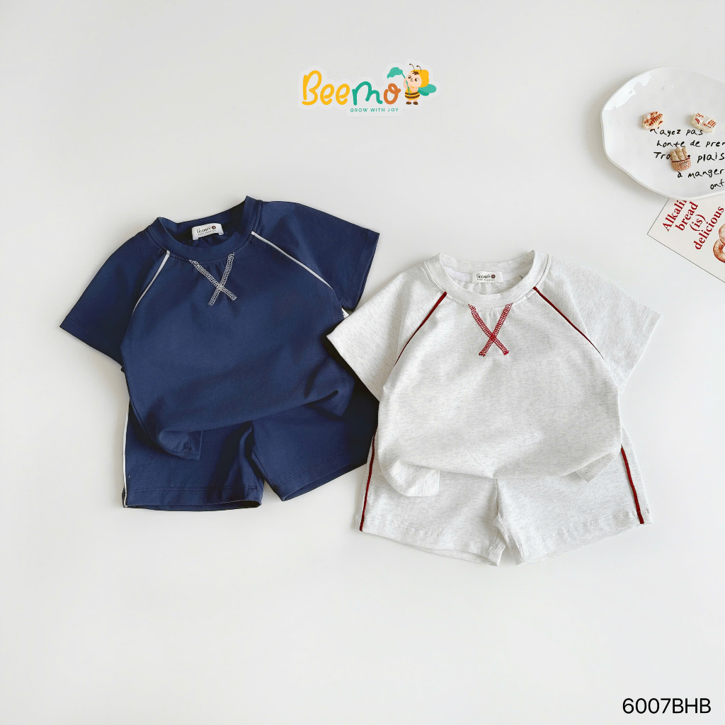 Bộ cotton cộc tay basic phối chỉ nổi, bộ thun cổ tròn mềm mát cho bé trai Beemo