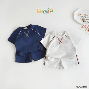 Bộ cotton cộc tay basic phối chỉ nổi, bộ thun cổ tròn mềm mát cho bé trai Beemo