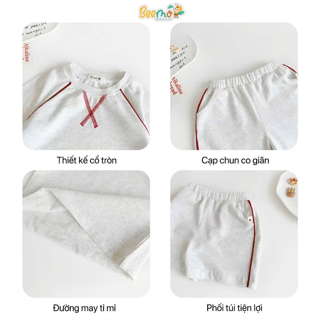 Bộ cotton cộc tay basic phối chỉ nổi, bộ thun cổ tròn mềm mát cho bé trai Beemo