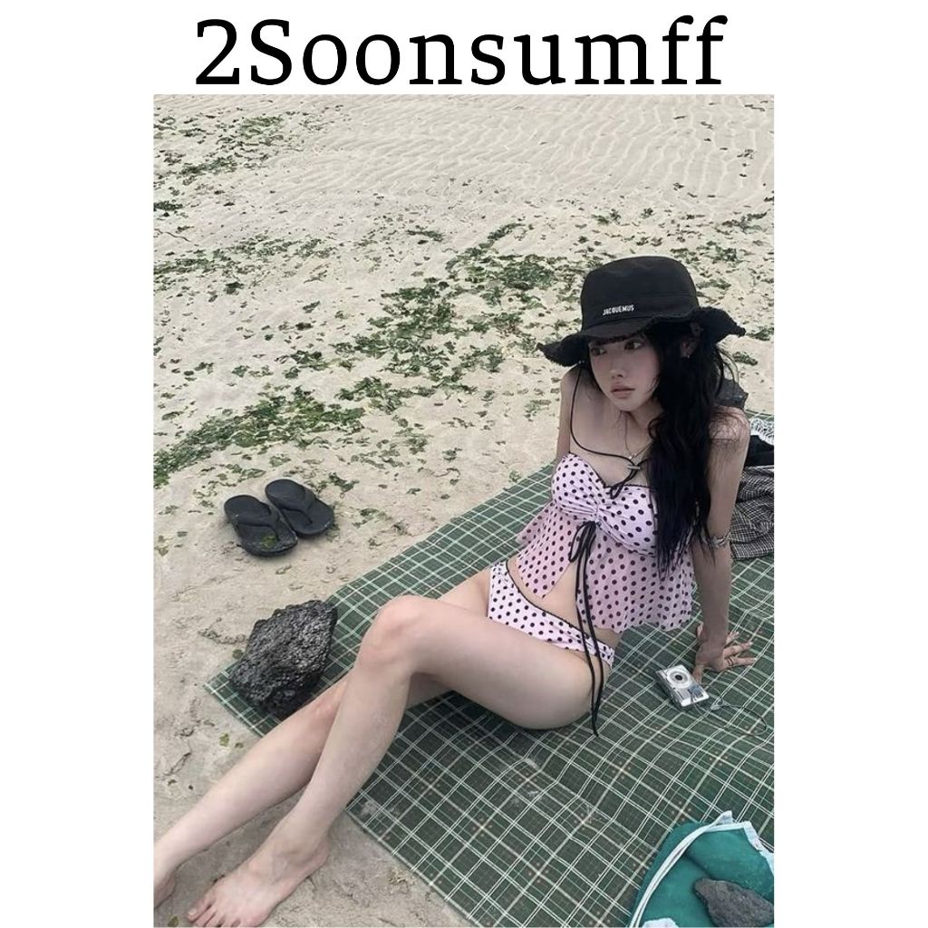 [SẴN] 2Soonsumff Bikini 2 mảnh áo babydoll buộc dây họa tiết chấm bi phong cách vintage bộ đồ bơi cao cấp nữ