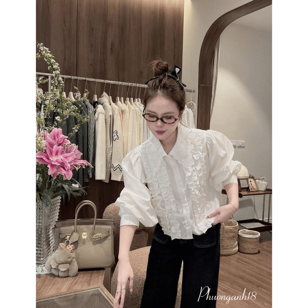 Áo sơ mi trắng cổ phối ren lưới siêu hot hàng QC 4772