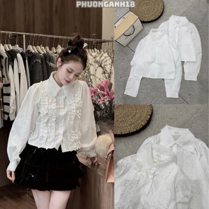 Áo sơ mi trắng cổ phối ren lưới siêu hot hàng QC 4772