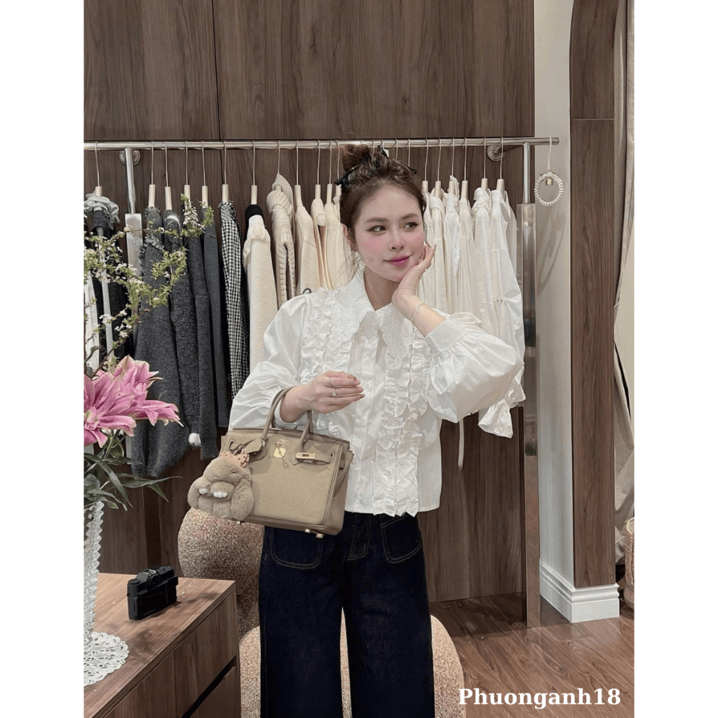 Áo sơ mi trắng cổ phối ren lưới siêu hot hàng QC 4772
