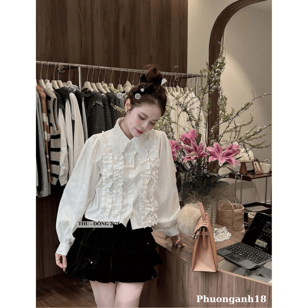 Áo sơ mi trắng cổ phối ren lưới siêu hot hàng QC 4772