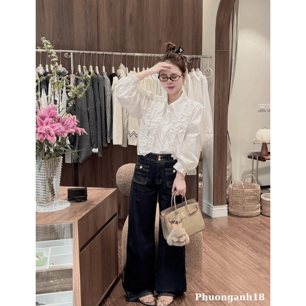 Áo sơ mi trắng cổ phối ren lưới siêu hot hàng QC 4772