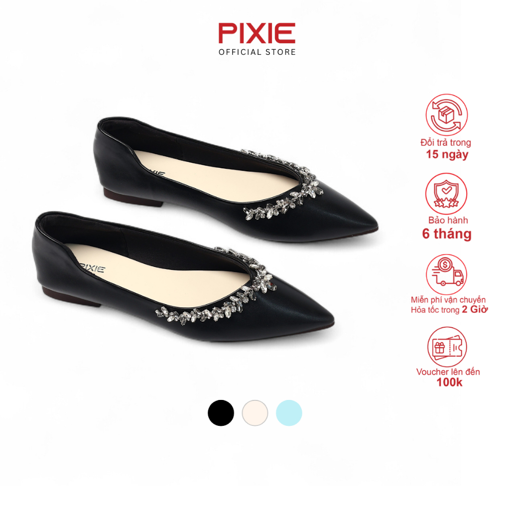 Giày Búp Bê Nữ Mũi Nhọn Đế Bệt Đính Đá Pha Lê Sang Trọng Thời Trang Pixie H409