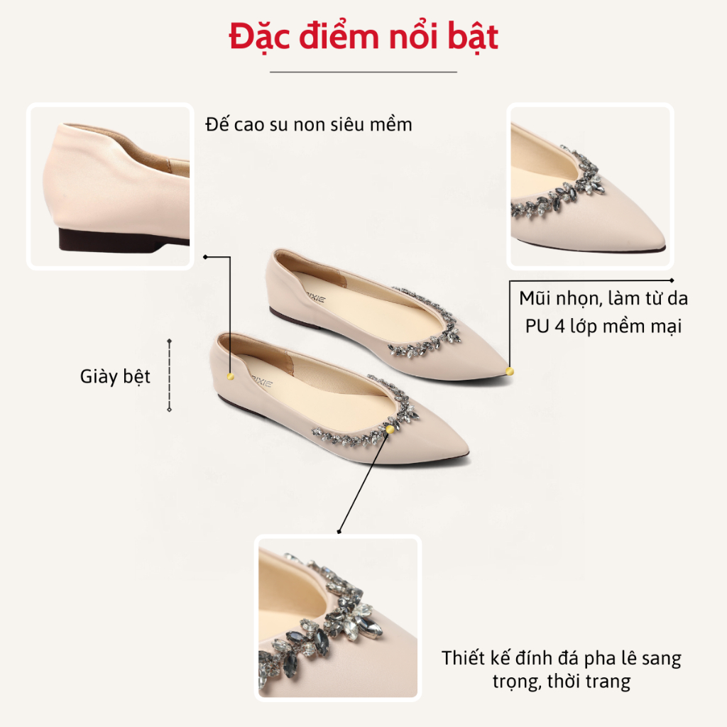 Giày Búp Bê Nữ Mũi Nhọn Đế Bệt Đính Đá Pha Lê Sang Trọng Thời Trang Pixie H409
