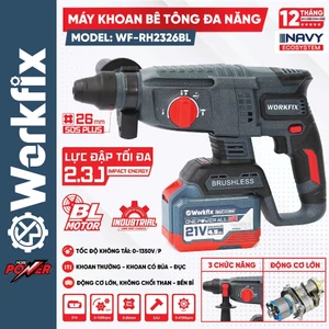 Máy khoan đục bê tông pin WORKFIX WF-RH2326BL, Lực đập 2.3j, Không chổi than, Chân pin phổ thông