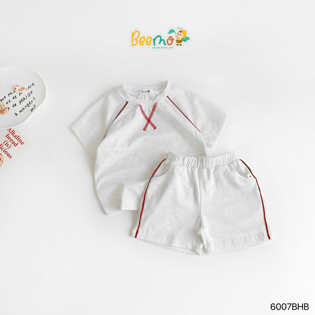 Bộ cotton cộc tay basic phối chỉ nổi, bộ thun cổ tròn mềm mát cho bé trai Beemo