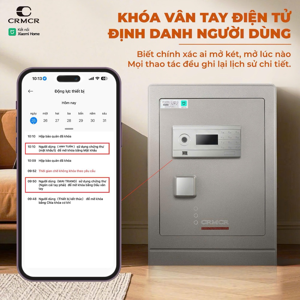 Két Sắt Nhập Khẩu Xiaomi CRMCR 71LB Vân Tay Điện Tử, Xác Minh Danh Tính Người Mở