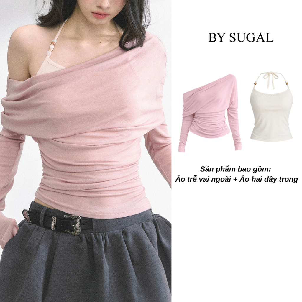 (Màu Mới) SUGAL - Set Áo Thun Trễ Vai KÈM ÁO HAI DÂY Bên Trong - Phối Chân Váy (KÈM ĐAI) Bí Phồng Xếp Ly|TOP 284 +CV 096