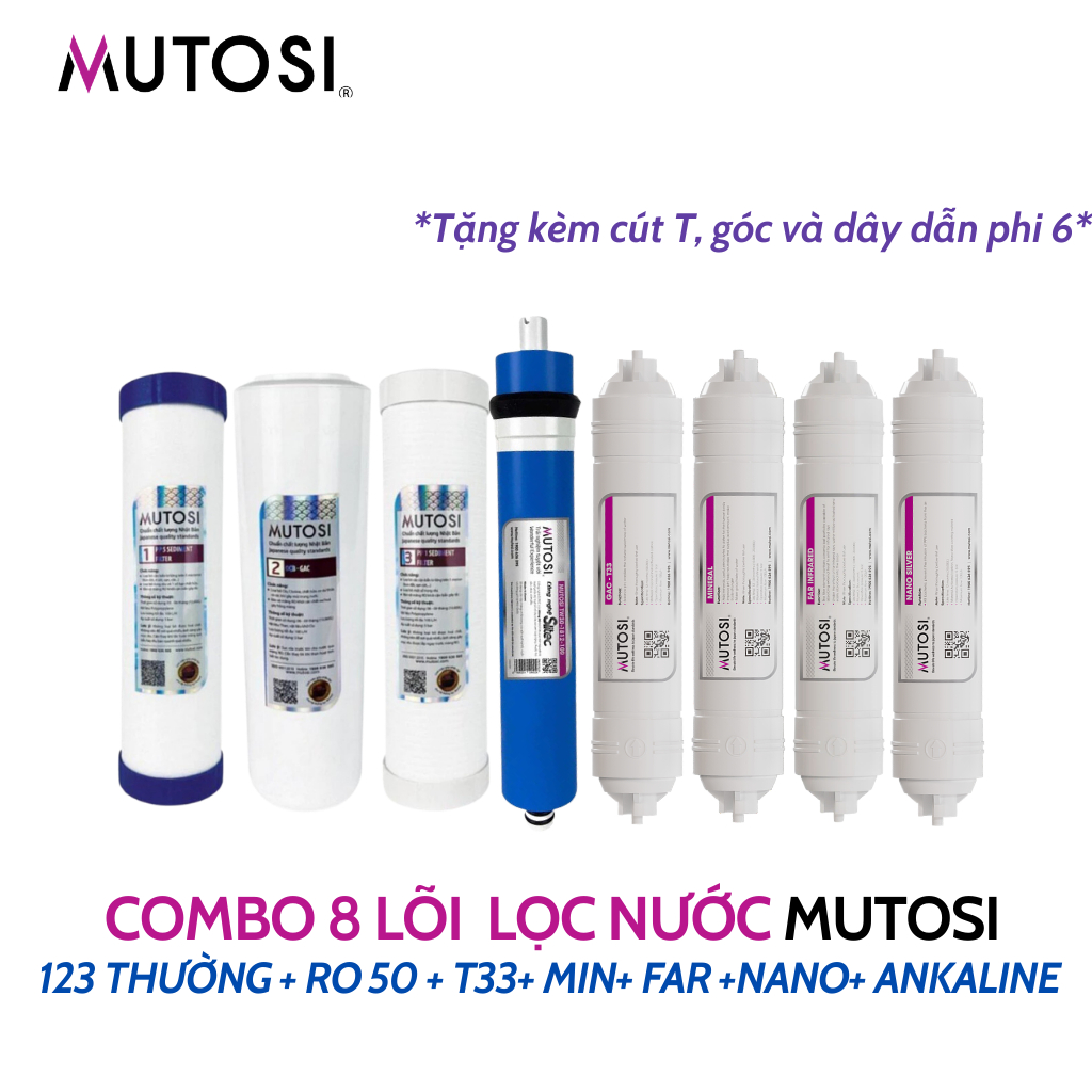 Combo 8 Lõi Lọc Nước Mutosi Cho Máy Lọc Nước RO 8 Cấp Lọc SD 123 Thường, RO 50, T33, Min, Far, Nano