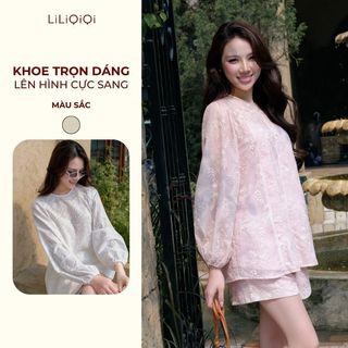 Set Đồ Nữ Sang Chảnh Quần Ngắn Áo Ren Hoa Tay Bồng 2 Lớp Form Rộng LiLiQiQi By LeeGi - AQ754