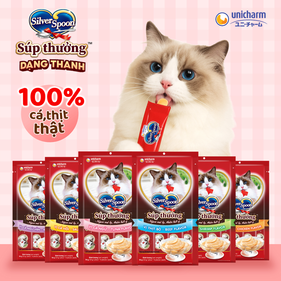 [Combo 8 Gói] Súp Thưởng Silver Spoon Unicharm Dạng Thanh Cho Mèo 56gram Bổ Sung Dinh Dưỡng Đề Kháng