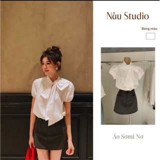 Sơ mi trắng tay ngắn cột nơ giữa dễ thương freesize