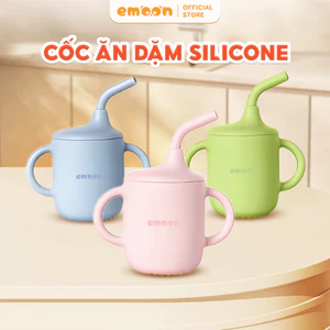 Cốc ăn dặm silicone Emoon 3 giai đoạn thiết kế thông minh có tay cầm và nắp xoáy chặt giữ nước không bị tràn