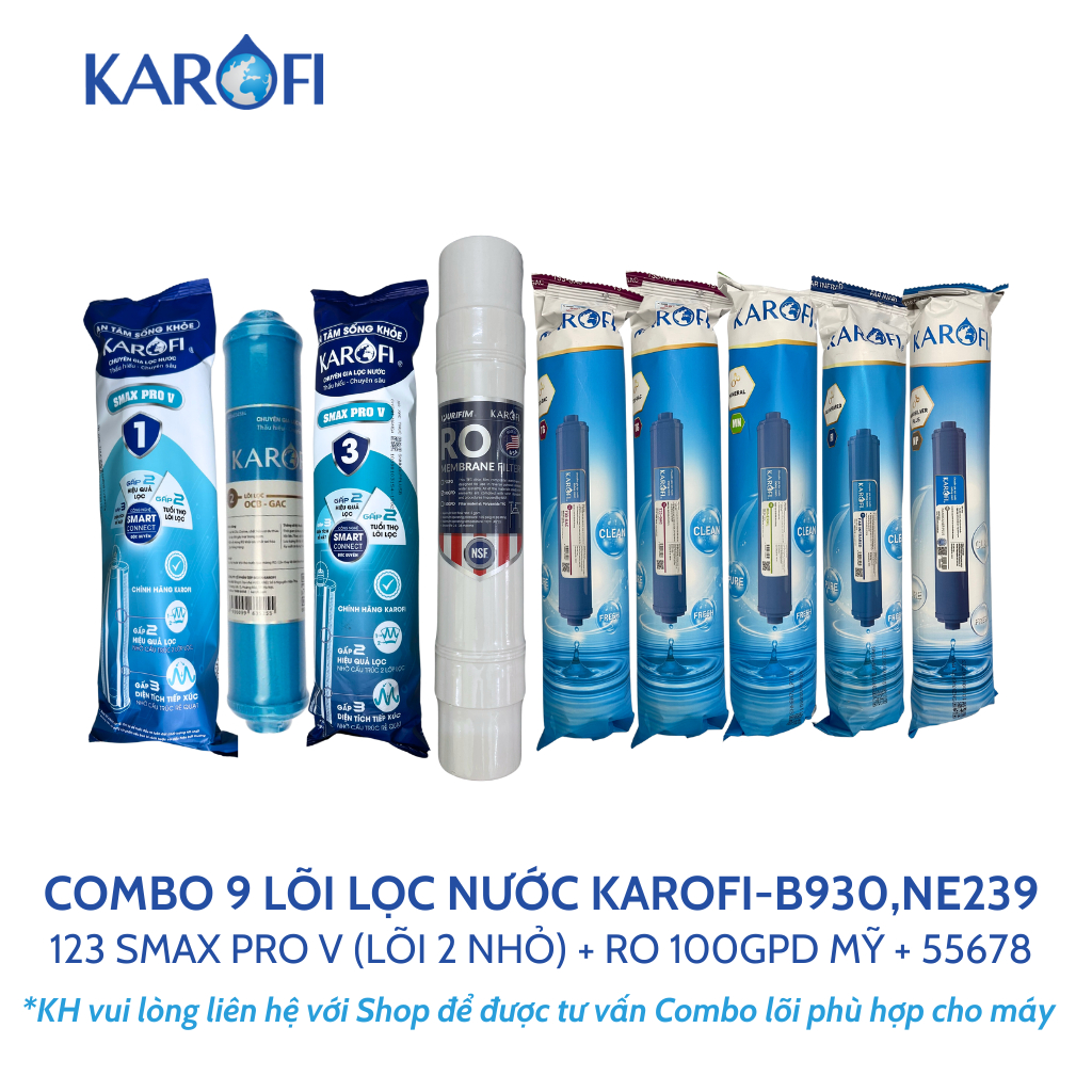 Combo 9 lõi lọc nước Karofi chính hãng dùng cho máy lọc nước Karofi B930 (Tặng tay tháo cốc lọc)