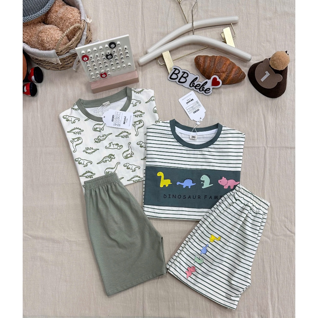 Combo 2 bộ cotton 4 chiều hoạ tiết khủng long bé trai, set 2 bộ cotton mềm mát cho bé