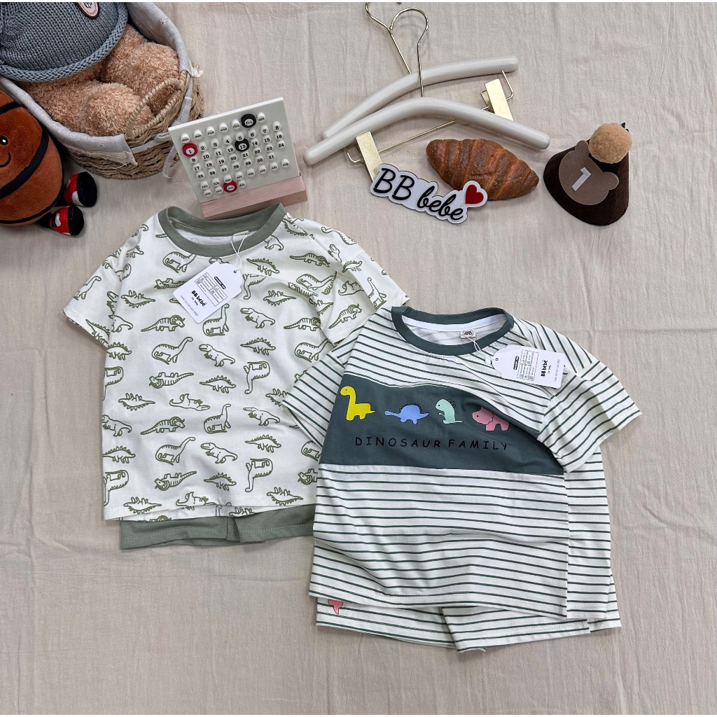 Combo 2 bộ cotton 4 chiều hoạ tiết khủng long bé trai, set 2 bộ cotton mềm mát cho bé