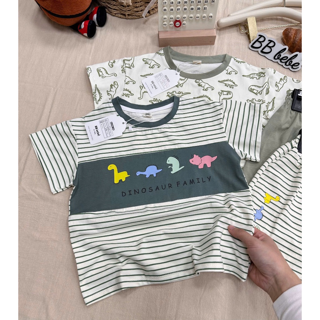 Combo 2 bộ cotton 4 chiều hoạ tiết khủng long bé trai, set 2 bộ cotton mềm mát cho bé