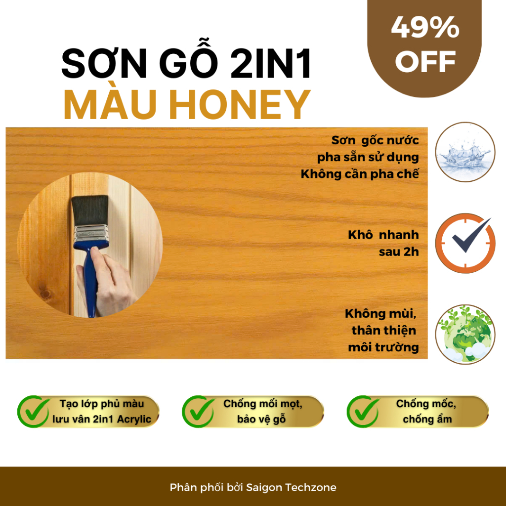 🔥Sơn Gỗ Màu Vàng Honey, Gốc Acrylic 2in1, Hoàn Thiện Gỗ, Chống Mốc, Mối Mọt, Chống Nước, Lưu Vân Gỗ