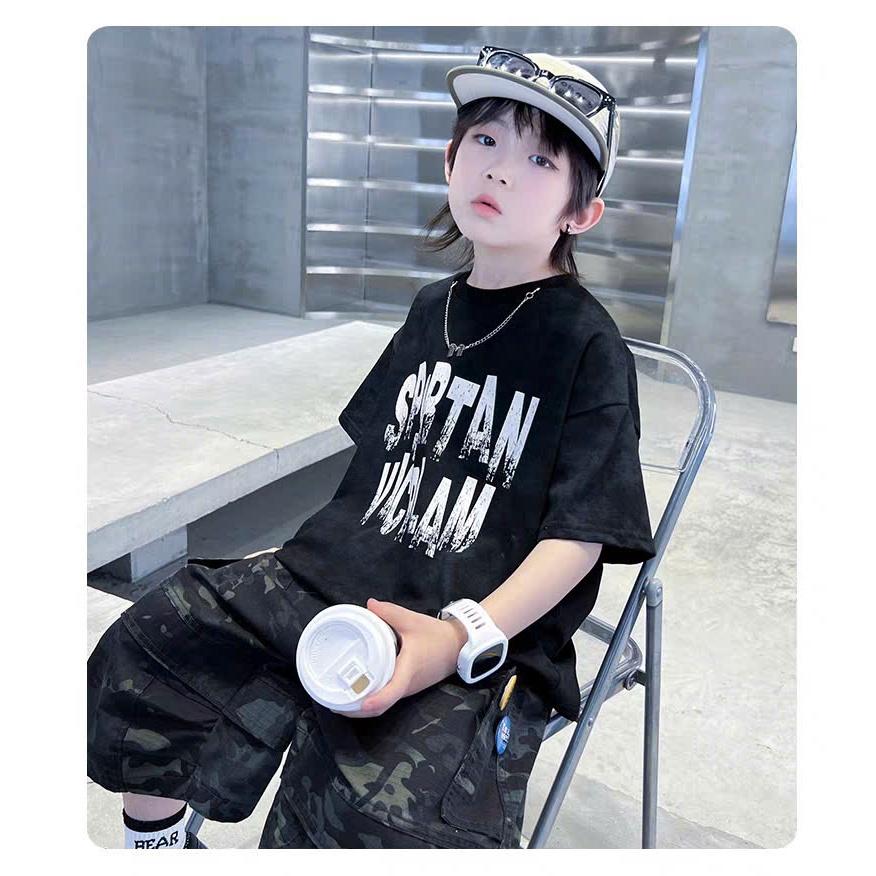Bộ quần áo cotton, quần kaki in loang SPSRTAN cho bé trai từ 17-60kg.