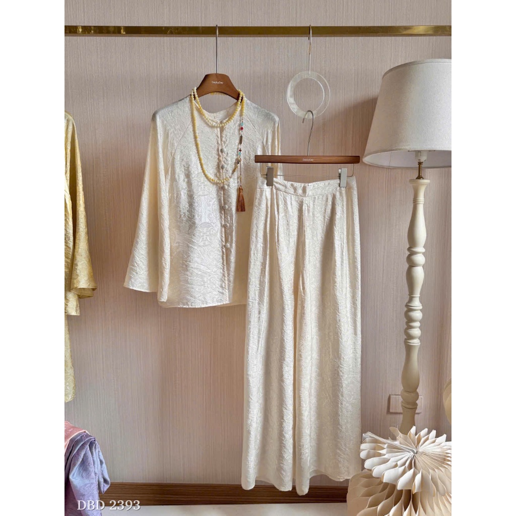 ZIMM STORE-Set Áo Cổ Tàu Cài Cúc Giữa Phối Quần Suông Rộng Chất Gấm