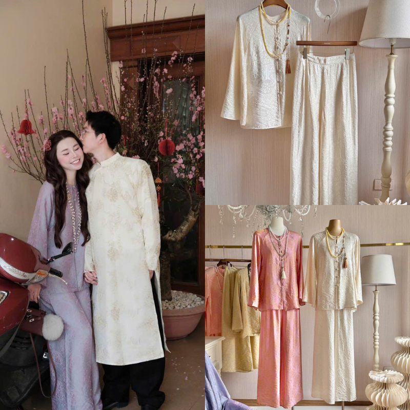 ZIMM STORE-Set Áo Cổ Tàu Cài Cúc Giữa Phối Quần Suông Rộng Chất Gấm