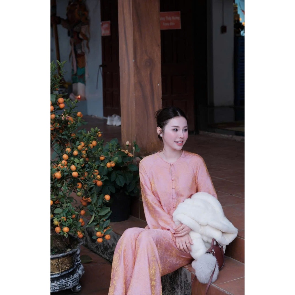 ZIMM STORE-Set Áo Cổ Tàu Cài Cúc Giữa Phối Quần Suông Rộng Chất Gấm