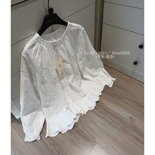 Áo Sơ Mi Trắng Không Cổ Phối Bèo Gấu Chất Liệu Thô Thêu Hoa Cao Cấp