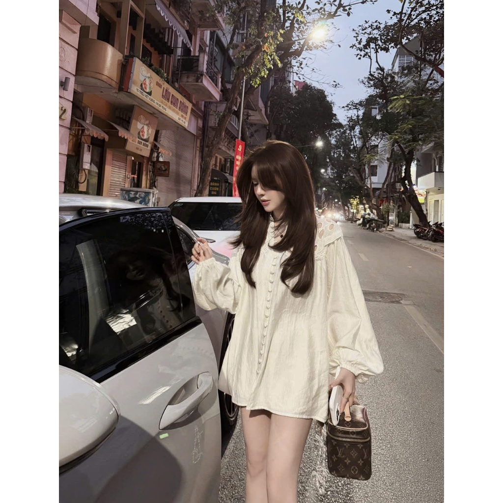 ZIMM STORE-Đồ Bộ Nữ Đi Chơi Vải Thô Đũi Mềm Mịn Phối Ren Thủ Công