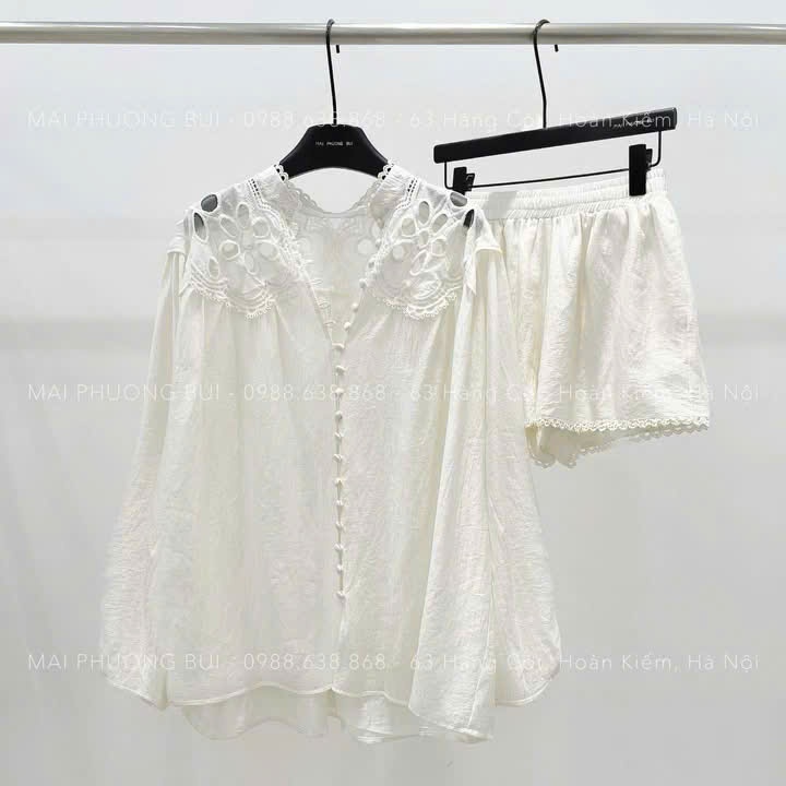 ZIMM STORE-Đồ Bộ Nữ Đi Chơi Vải Thô Đũi Mềm Mịn Phối Ren Thủ Công