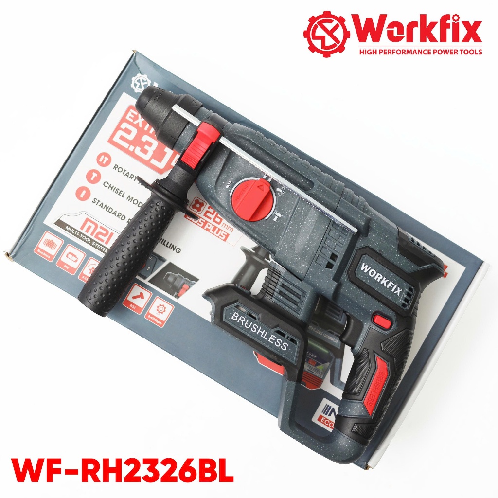 Máy khoan đục bê tông pin WORKFIX WF-RH2326BL, Lực đập 2.3j, Không chổi than, Chân pin phổ thông