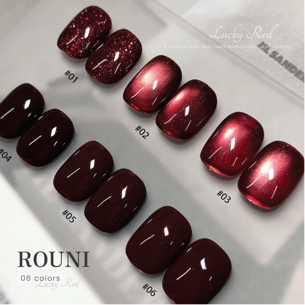 Sơn gel ROUNI 2026 Lucky Red 6 màu đỏ may mắn với sự kết hợp giữa mắt mèo thuỷ tinh nhũ flash đỏ
