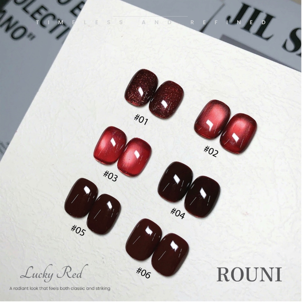 Sơn gel ROUNI 2026 Lucky Red 6 màu đỏ may mắn với sự kết hợp giữa mắt mèo thuỷ tinh nhũ flash đỏ