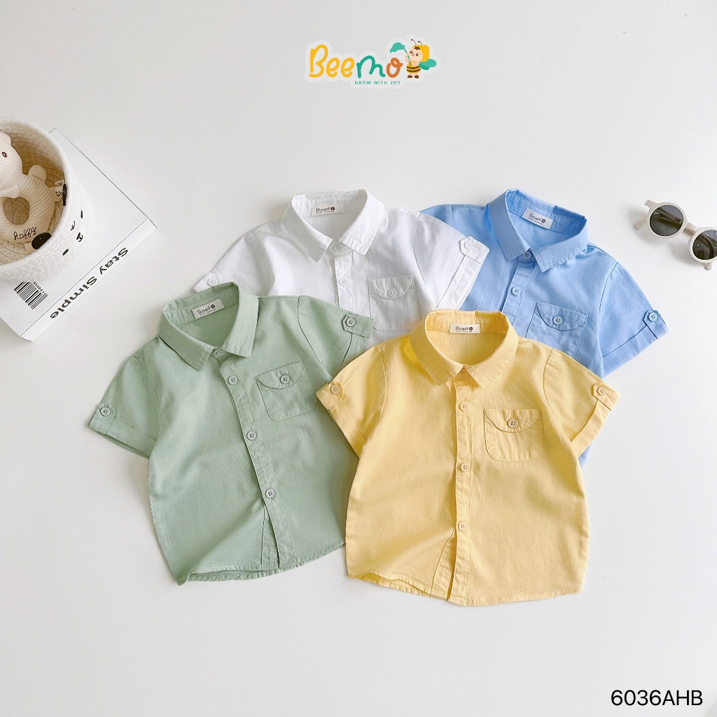 Áo sơ mi cổ đức trơn màu cộc tay bé trai, áo sơ mi thô lụa phối túi ngực cộc tay cho bé mẫu mới